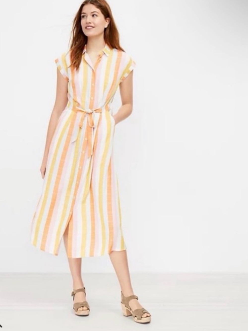 LOFT Striped Button-Front Midi Dress in Pink, Orange & Mustard - Picture 10 of 10